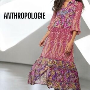 Anthropologie Nichole Sheer Vibrant Paisley Floral Button Maxi Shirtdress